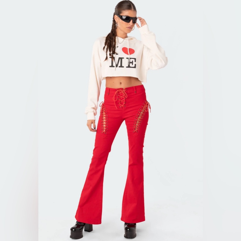 Edikted Red Lace-Up Flare Pants